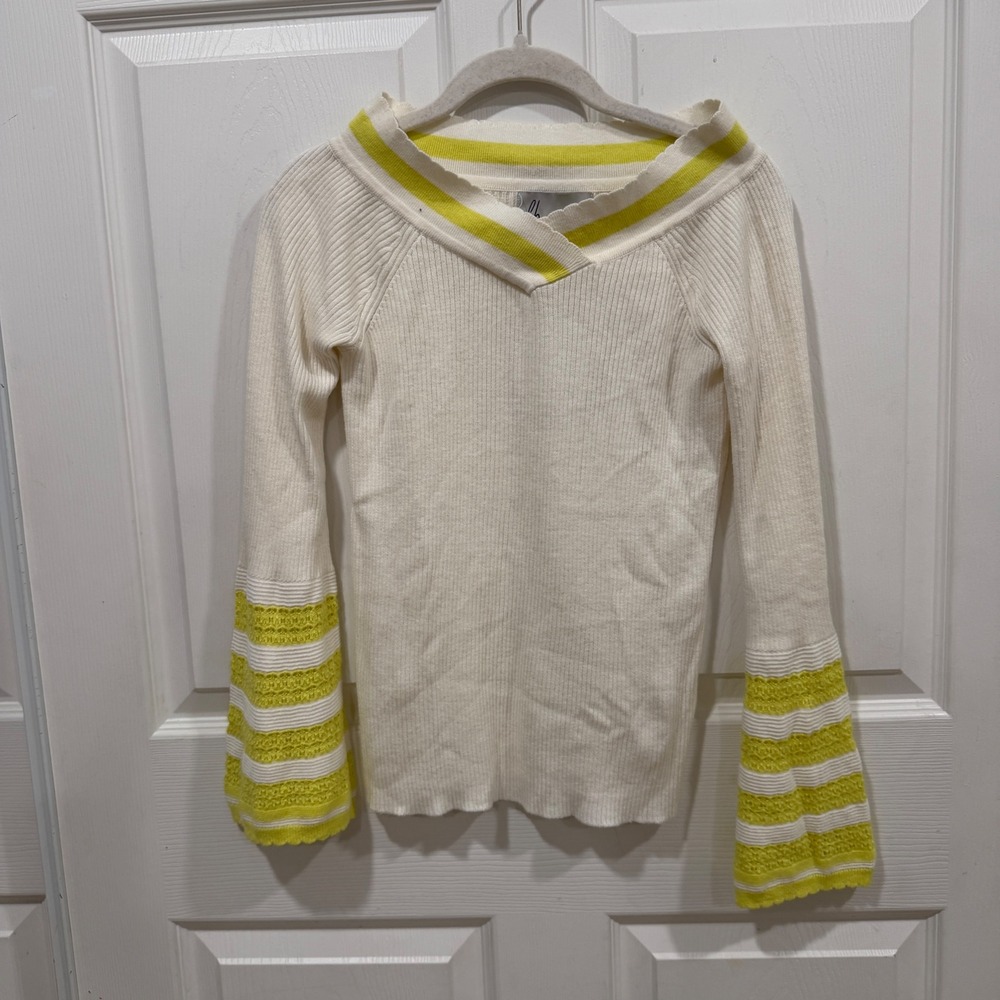 DH New York Shoulder V Sweater XS White Yellow Ribbed Silk Cashmere DH2048S